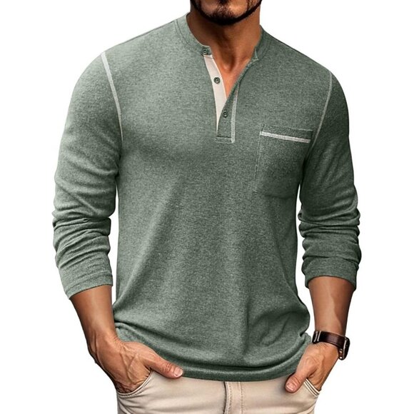 Coofandy Men Green Henley Long Sleeve Pullover Button T-Shirtwith Pocket